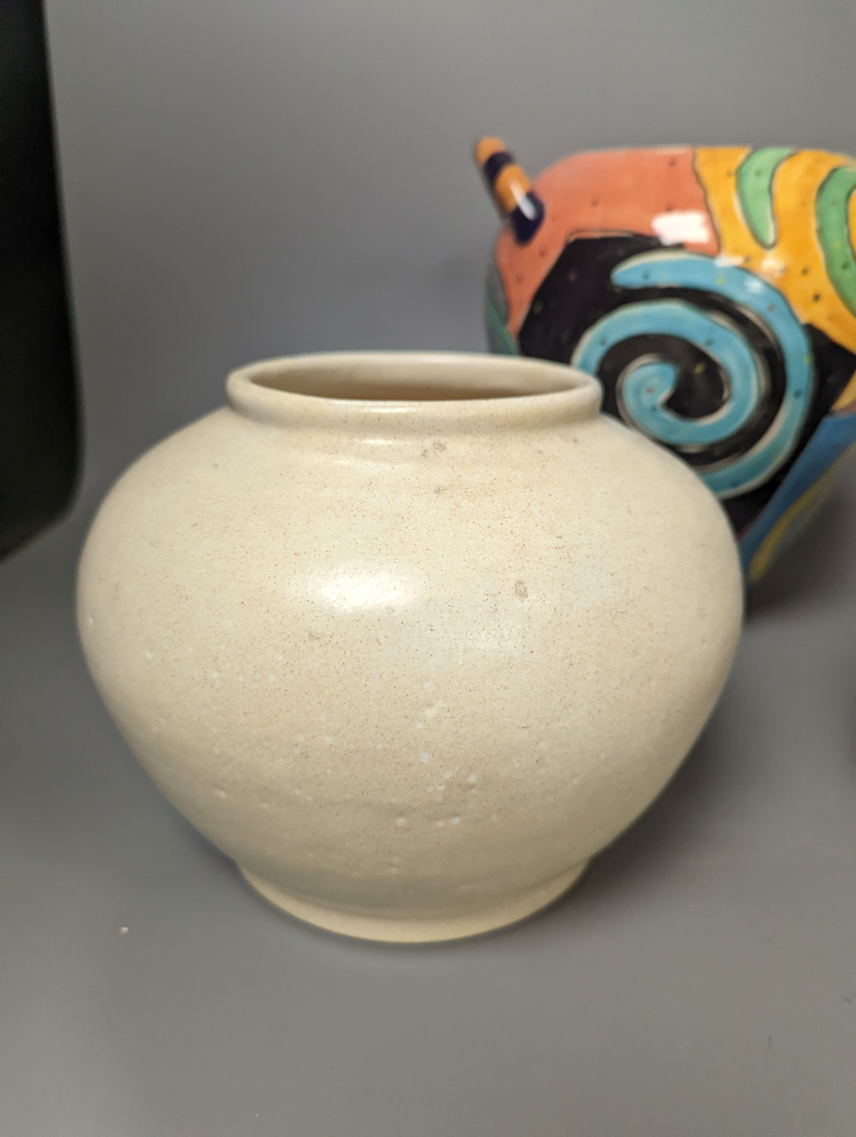 A cream glazed stoneware vase, initialled NKV, 15cm, a Jane Willingale Loudware vase, and a small Chinese Jardiniere